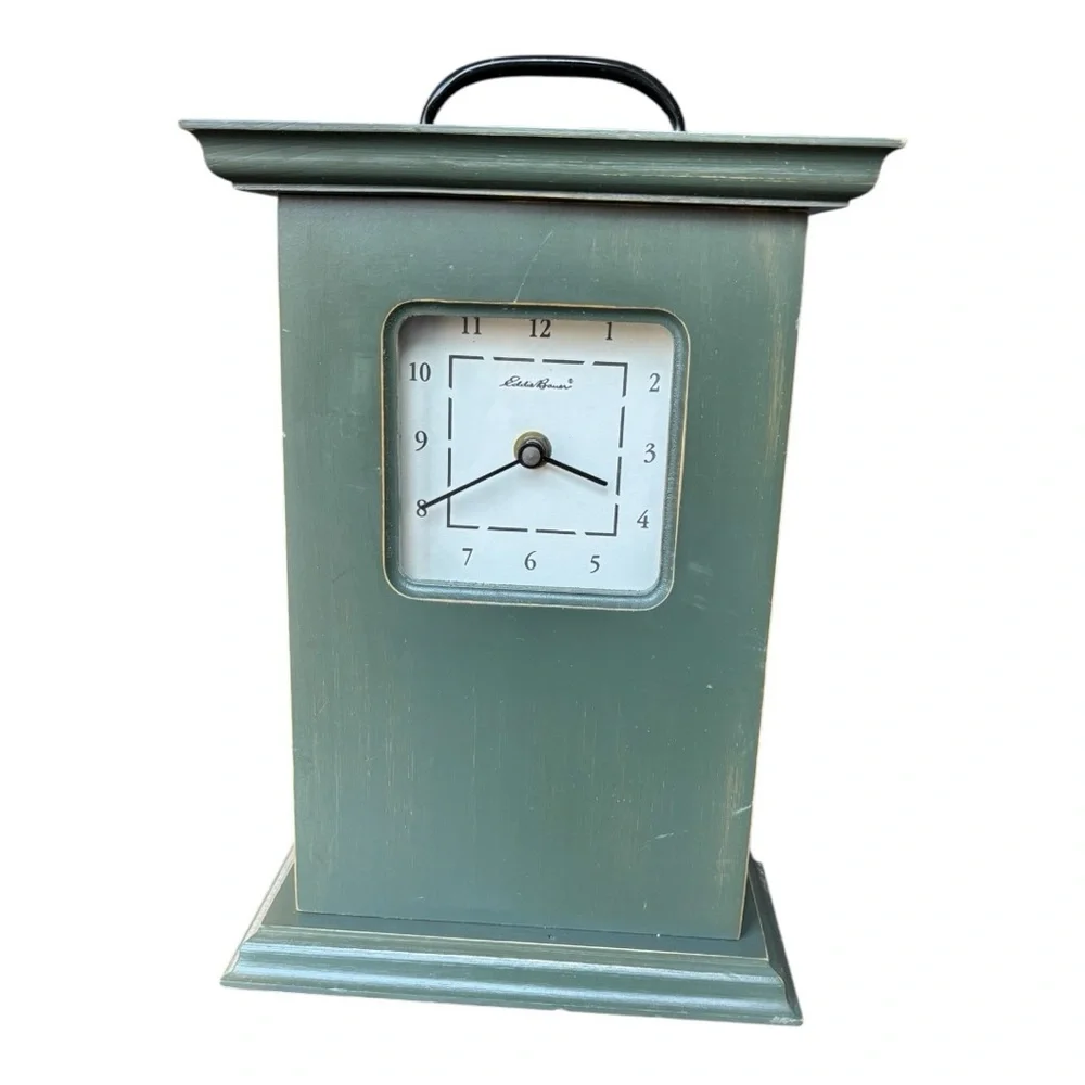 Eddie Bauer wooden dark green mantle quartz clock with handle | OS